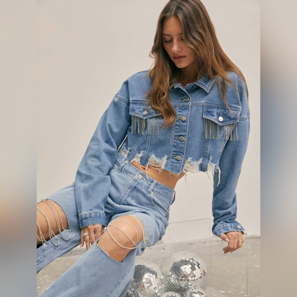 Cider Rhinestone Chain Ripped Wide Leg Jeans Size 1X - Picture 2 of 8